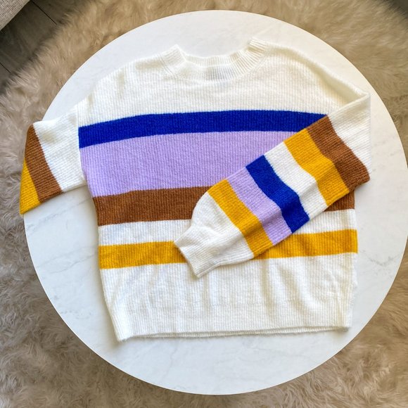 Express Sweaters - Express Striped White Pullover Sweater - Size S